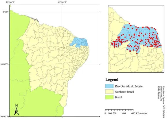 Figure 1. Study area of Rio Grande do Norte State, located in Northeast Brazil with  political division in micro-regions