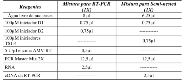 Tabela  2  -  reagentes  utilizados  na  transcrição  reversa  seguida  pela  reação  em  cadeia  pela polimerase (RT-PCR)