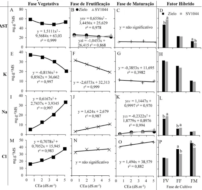 Figura  3  –  Teor  de  solutos  orgânico  e  inorgânicos  nas  plantas.  Cada  linha  de  gráficos  está  representada pelas variáveis respostas e cada coluna de gráficos está representada pelas fases  de cultivo e pelo fator híbrido isoladamente