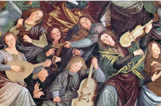 Figura 4 – Detalhe de uma das primeiras representações da família do violino, pelo pintor Gaudenzio  Ferrari, em1534-1536 (publicação online de Sérgio Lisboa)