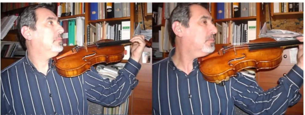 Figura 26 - Posições adotadas sem (à esquerda) e com (à direita) a presença de almofada  de violino