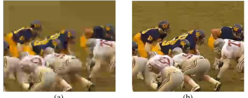 Fig. 8. Football (frame 35), AAC, 256 kbps (a) encoded JM10.2, (b) statistical multiplexing with  SSIM