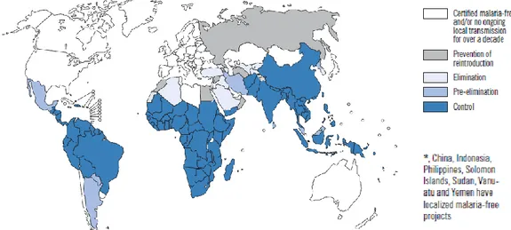 Figure  1. Malaria  incidence  worldwide.  Malaria-free  and malaria-endemic  countries  in phases  of  control,  pre- pre-elimination, pre-elimination, or prevention at the end of 2008 (Adapted from WHO 2009)