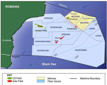 Figura 2 - Principais campos de recursos energéticos na costa romena  Fonte: (Popescu, 2014) 