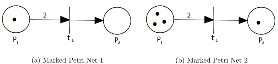 Figure 2.6: Marked Petri Nets. (a) Marked Petri Net with vector x 1 . (b) Marked Petri Net with vector x 2 .