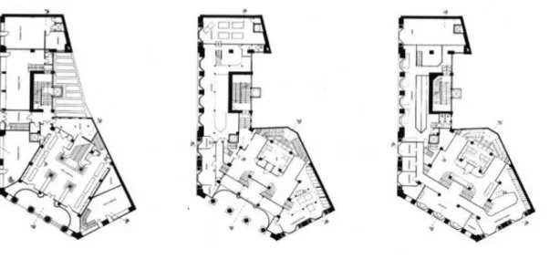 Fig. 08. Plantas da área comercial, pavimento térreo e a evolução até o terceiro pavimento, marcado por  ambientes com diversos níveis de cotas, característica da Rauplan