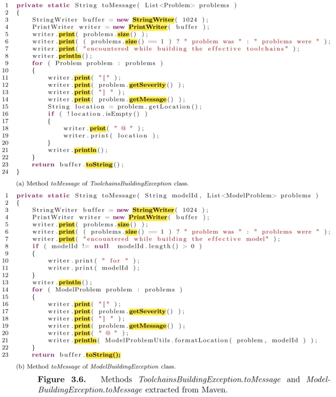 Figure 3.6. Methods ToolchainsBuildingException.toMessage and Model- Model-BuildingException.toMessage extracted from Maven.