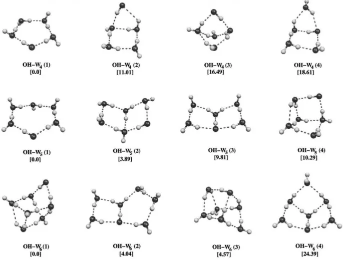 FIG. 2. Structure of the optimized OH–W N clusters (N⫽4 – 6). The first structure 共1兲 is the most stable isomer