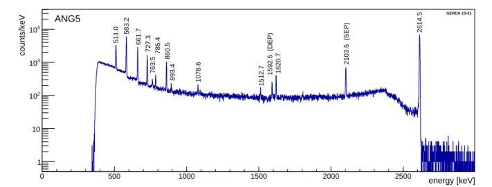 Fig. 4 A 228 Th calibration spectrum recorded by ANG5. The threshold is set to ∼400 keV.