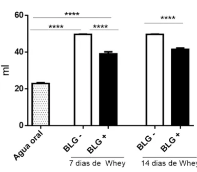 Figura 10  –  Consumo líquido total dos camundongos sensibilizados ou não por BLG  Os  camundongos  BALB/c  não  sensibilizados  (BLG-)  e  os  sensibilizados  (BLG+)  foram  desafiados  oralmente  com  uma  solução  contendo  Whey  a  20%  durante  7  ou 
