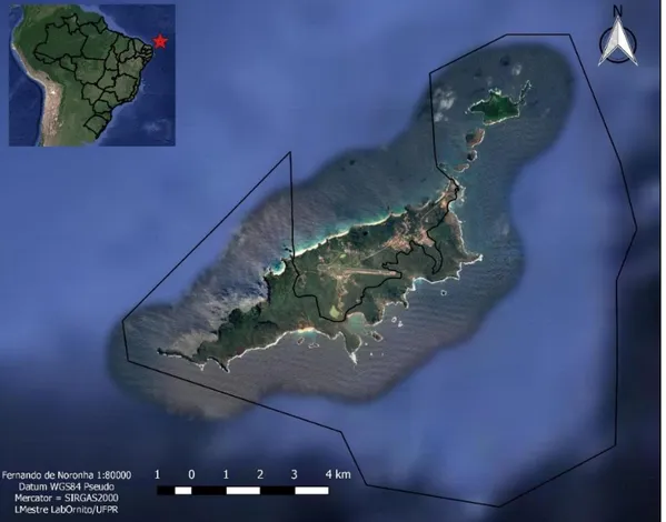 Figura 3 - Mapa do arquipélago de Fernando de Noronha com a delimitação das duas  Unidades de  Conservação
