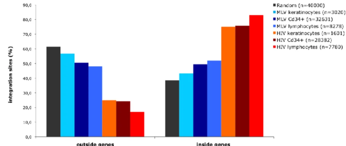 Figure  7.  Distribution  of  MLV,  HIV  and  random  integration  sites  with  respect  to  Known  Genes  (UCSC  definition) on primary human keratinocytes, lymphocytes and Cd34 + HSC