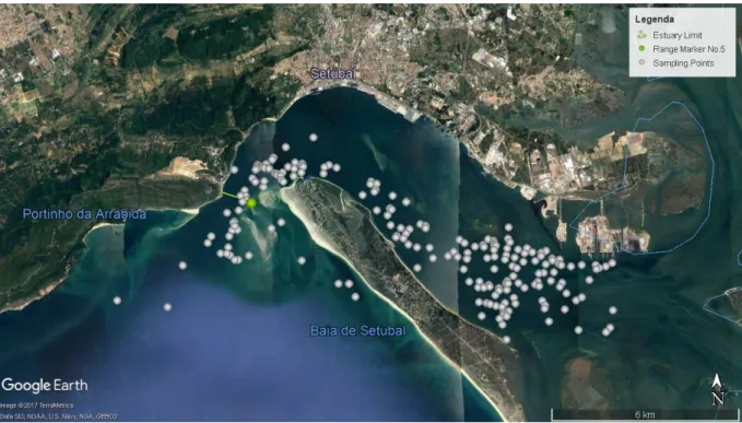 Figure 2.2 - Sado Estuary map and sample points (2014  - 2017), © 2017 Google. 