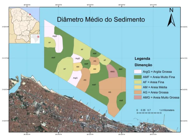 Figura 11: Mapa com as facies sedimentares relacionadas ao diâmetro do sedimento de 2011
