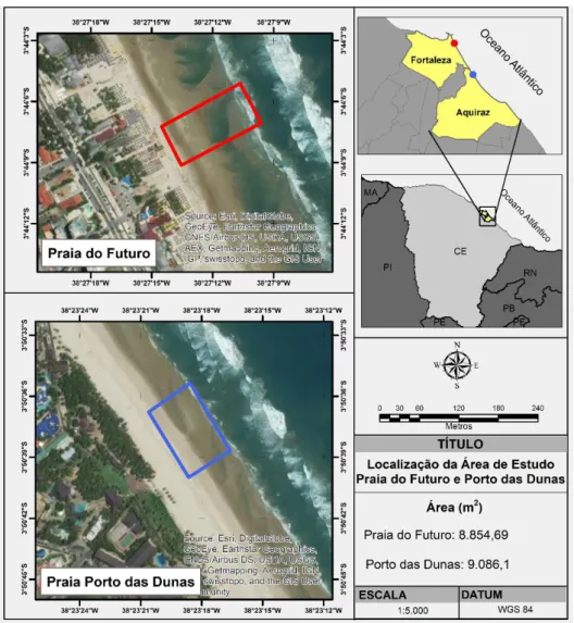 Figura 1. Localização da área de estudo na Praia do Futuro e Praia do Porto das Dunas