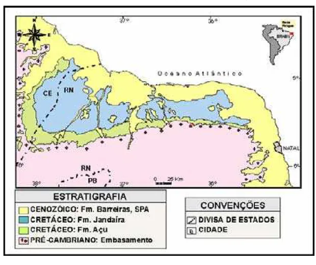 Figura 1.3 - Mapa geológico simplificado da Bacia Potiguar. SPA, sedimentos de praia e aluviais