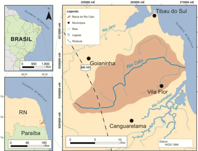 Figura  1:  Localização  da  área  da  bacia  hidrográfica  do  Rio  Catu –RN,  abrangendo  partes  dos  municípios  de  Goianinha, Canguaretama, Tibau do Sul e Vila Flor.