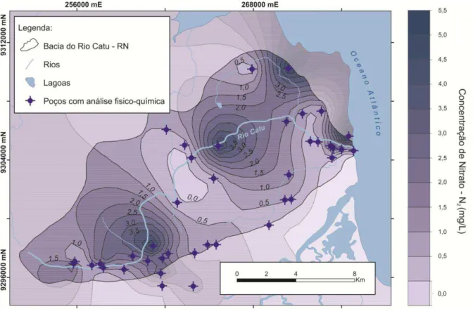 Figura 9: Mapa de isoconcentrações de nitrato (NO 3 - ), área da bacia hidrográfica do Rio Catu-RN (adaptado de 