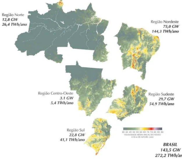 Figura 1. 5  – Potencial Eólico estimado para vento médio anual igual ou superior a 7 m/s no ano de 2001