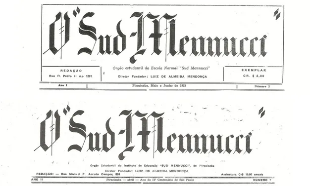 Figura  1:  Os  cabeçalhos  representando  as  duas  fases  do  Jornal  O  Sud  Mennucci  (exemplares  3  e  7,  respectivamente) 