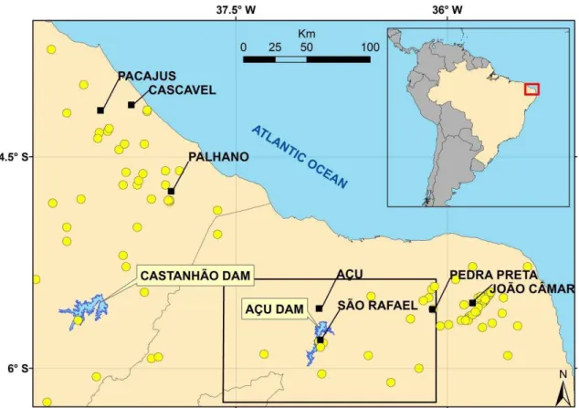 Figure  1  –  Location  of  the  Açu  and  Castanhão  dams  in  northeastern  Brazil.  The  black  squares  represent  some  towns  close  to  epicentral  areas