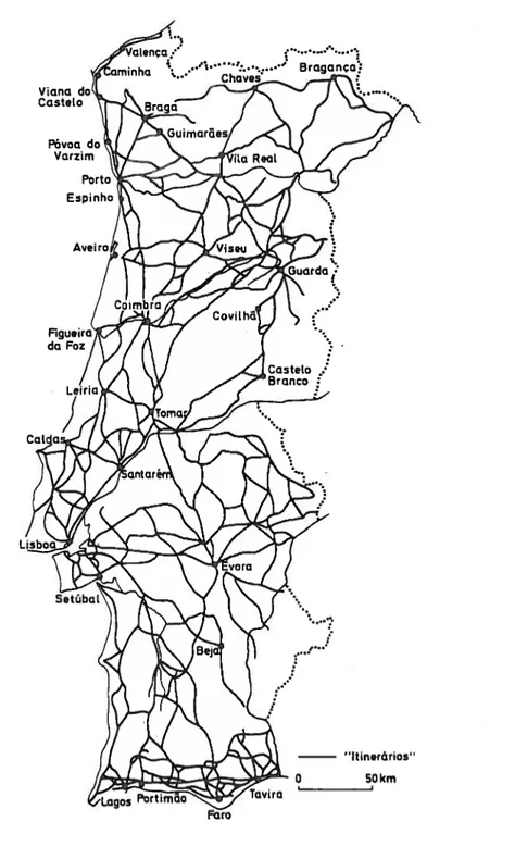 FIG. 13. Itinerários de J’uiiiigal (1750-1850), segundo A. Teodoro de Matos (1980, Mapa II), simplificado.