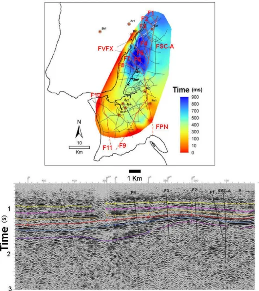 Figure 3. Top: Structural time map of near top of Upper Miocene, showing wells used in seismic-well tie