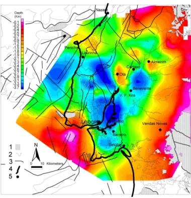 Figure 4. Structural depth map of the top of Pre-Mesozoic rocks, obtained by constrained 2.5D magnetic  modeling, overlaid to geological map (LNEG, 2010)