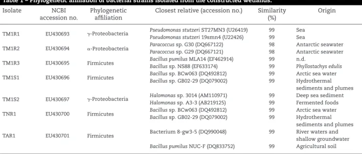 Table 1 – Phylogenetic afﬁliation of bacterial strains isolated from the constructed wetlands.