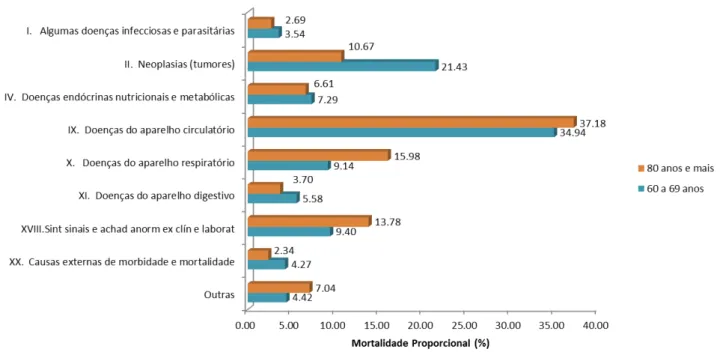 Figura  4  -  Mortalidade  Proporcional  por  Capítulo  CID-10  nos  idosos  de  60  a  69  anos  e  80  anos e mais, de 2001 a 2010 no Brasil