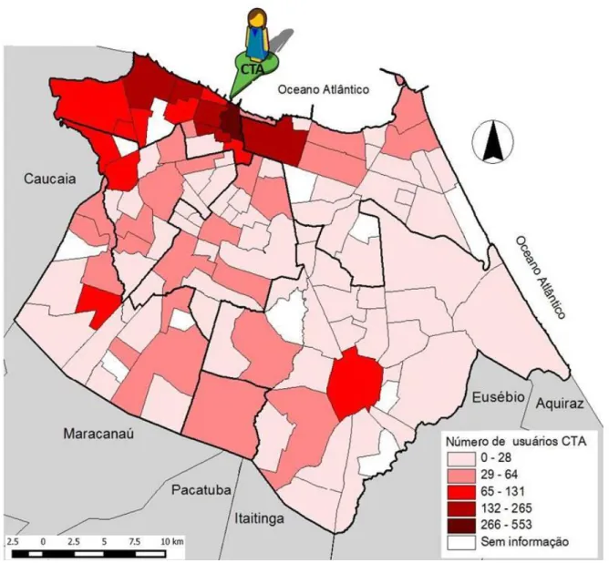 Figura 9 : Mapa de distribuição, por bairro, dos usúarios testados para HIV no CTA  de Fortaleza.
