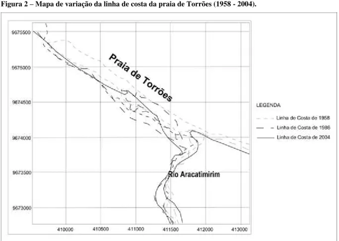 Figura 2  –  Mapa de variação da linha de costa da praia de Torrões (1958 - 2004). 