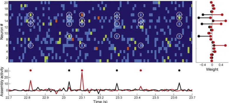 Fig. 10. Application of the ICA-based framework to realistic simulations. Each neuron of the spike matrix was created from a circular shift of actual spike times of a hippocampal neuron (same procedure as in Fig