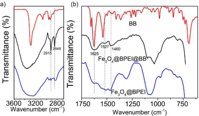 Figure  2  –  FTIR  spectra  of  the  BB94  (batimastat),  Fe 3 O 4 @BPEI@BB  and  Fe 3 O 4 @BPEI  separated in the two main ranges to observe the synthesis
