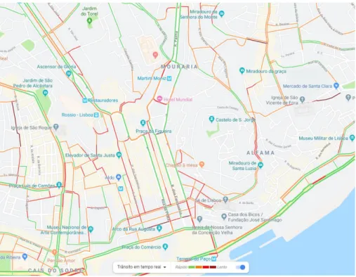 Figura 13 - Tráfego típico em Lisboa em incio a horas de ponta. Fonte Google Maps. 