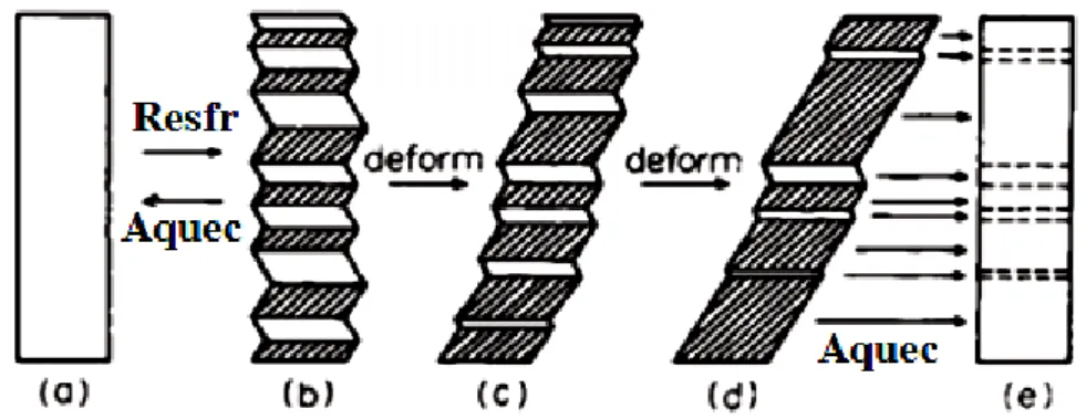 Figura 3.1- Esquema representativo do efeito de memória de forma. O material  inicial  (a)  irá  sofrer  transformação  martensítica  durante  resfriamento  (b)