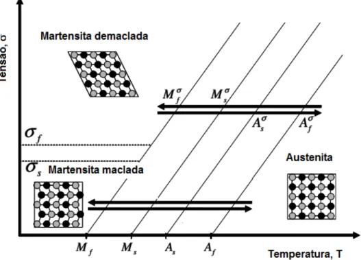 Figura  3.3  -  Diagrama  esquemático  mostrando  a  transformação  de  fase  austenítica/martensítica na presença/ausência de tensão