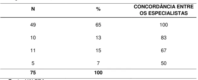 Tabela  3.  Número  de  itens  (n)  da  retrotradução  da  escala  PAINAD – VCP  analisados,  porcentagem  equivalente  e  a  respectiva  concordância  entre  os  especialistas  em  porcentagem