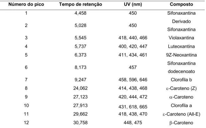 Tabela 3 – Identificação dos compostos do extrato total (Metanol/Acetato etilo) de C. tomentosum, detetados  nos cromatogramas da figura 8 como picos distintos (número do pico) e as respetivas características espectrais