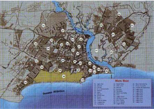 Ilustração 2:  Mapa da cidade de Natal e seus respectivos bairros. As Rocas aparece no quadro com  o número 9 35 .
