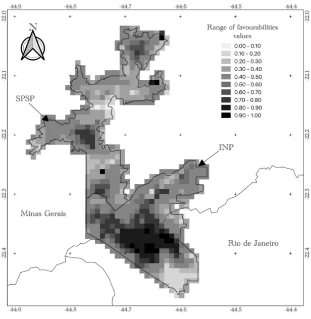 Fig. 3 Maned wolf favourability map, showing the favourable areas for maned wolves  712 