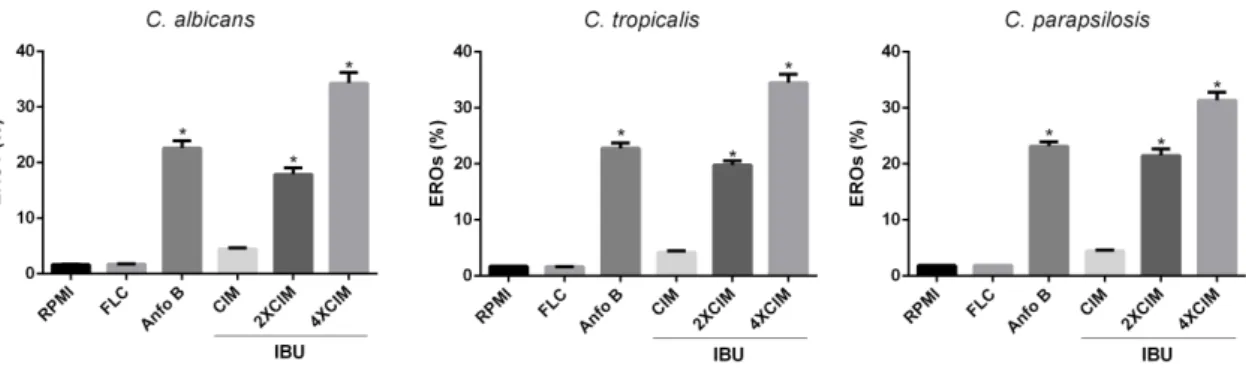 Figura 8 - Avaliação da formação de EROs em células de C. albicans, C. tropicalis e  C