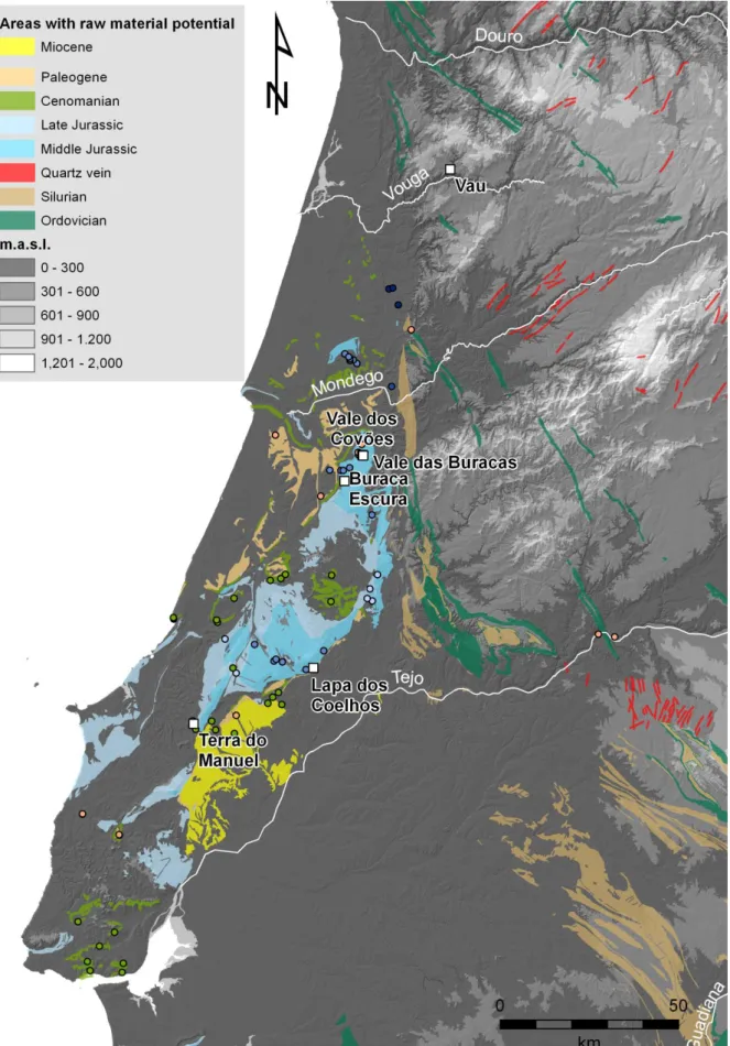 Figure 4. The Western Iberian margin sites and the associated regional lithic raw material sources