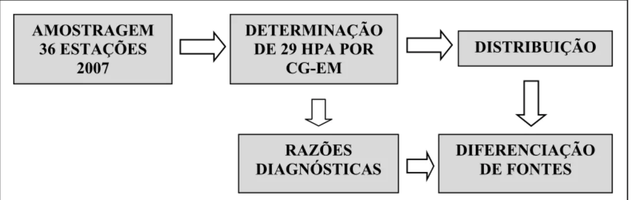 Figura  4.1. Fluxograma  do  procedimento  experimental  e  analítico  do  estudo  de  diferenciação de fontes de HPA em sedimentos de fundo do estuário do rio Potengi.