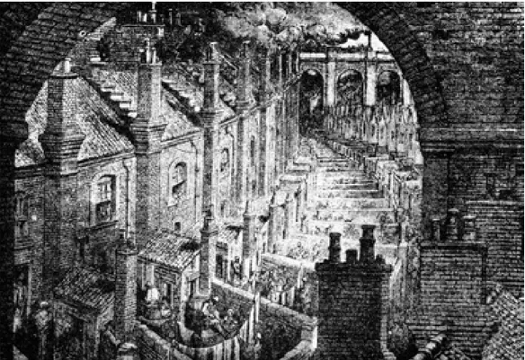 Figura 07 – Londres: bairros pobres, sob os viadutos ferroviários, numa gravura de Gustave Doré de 1872