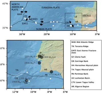 Figure 2. Tectonic setting of the region analyzed and instru- instru-mental seismicity (small circles) since 1910 (M w , M s , or m b ≥ 6 ), according to ISC, 2012, see Data and Resources