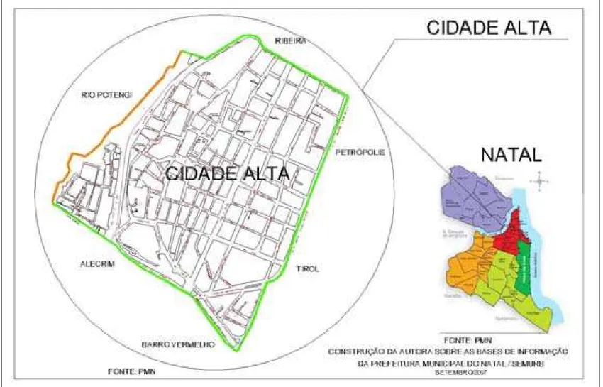 Figura 104: Mapa de Articulação geográfica / Localização e limites do Bairro Cidade Alta - Natal/RN Fonte: Base da Prefeitura Municipal do Natal (2006) e adaptação do autor