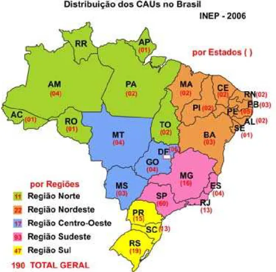 Figura 06: Distribuição regional e estadual dos CAUs no Brasil. 
