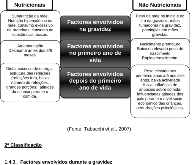 Figura  2  -  Factores  envolvidos  no  desenvolvimento  da  obesidade  infantil  de  acordo com o período de vida  