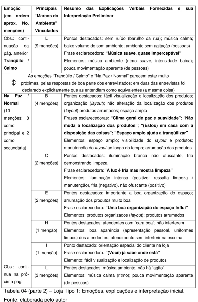 Tabela 04 (parte 2) – Loja Tipo 1: Emoções, explicações e interpretação inicial.